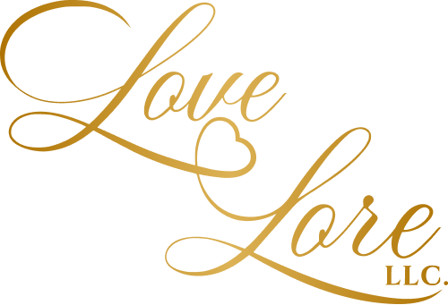 Gold 'Love Lore LLC' logo on a white background